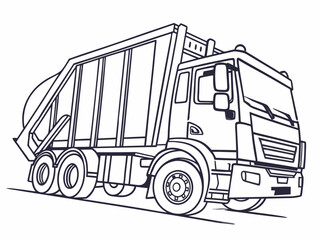 Vector style coloring page with a simple black outline drawing of a garbage truck