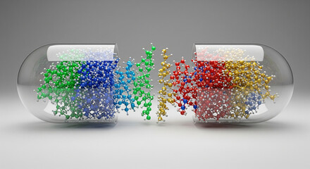 A dynamic 3D render of a medical capsule breaking open, with colorful molecules streaming from each half to interact in the center. This visually striking image represents the dissolution of a drug