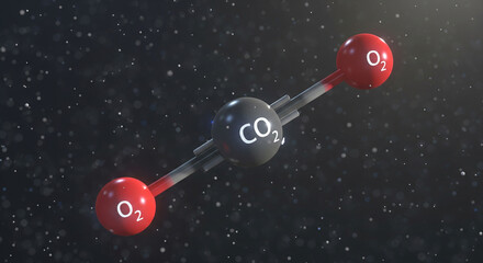A clean and impactful 3D render of a carbon dioxide (CO₂) molecule, floating against a dark, dynamic background. The clear labeling of the carbon and oxygen atoms highlights key scientific concepts
