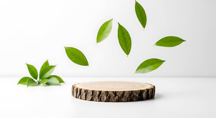 A natural wood slice podium with scattered green leaves, isolated on white background, perfect for showcasing organic products and natural beauty