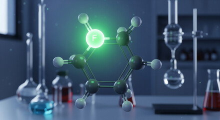 A 3D render of a glowing molecule, showcasing the intricate structure of a chemical compound. The vibrant, luminous atom at the top highlights key scientific discovery and innovation