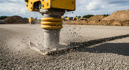 Vibrating tines of an industrial plate compactor efficiently flatten gravel at a busy construction site