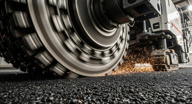 Massive rotating drum of an asphalt milling machine captured from a low angle during road construction