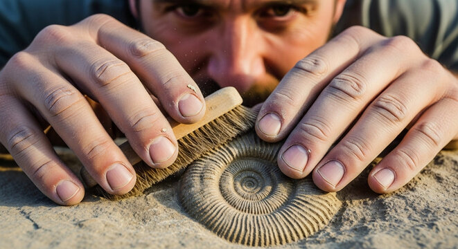 Exploring an ancient fossil as a keen amateur fossil hunter gently reveals its details with a brush in a rocky area
