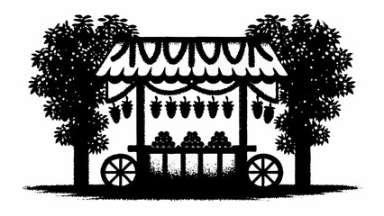 Fototapeta premium Silhouette of a fruit stand with hanging decorations and trees on either side in black and white style | editable eps vectors