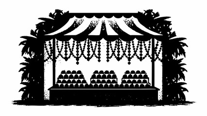 Illustration of a black and white market stall with fruit and decorative plants around it, a silhouette style |  editable eps vectors