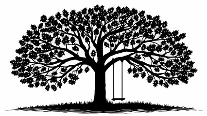Silhouette of a large tree with leaves and a swing hanging from a branch in a monochrome image |  editable eps vectors