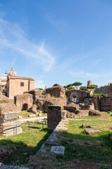 Rome, Italy - August 17, 2019: View of the ancient structures of the Roman Forum
