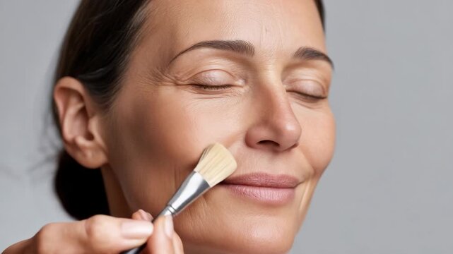 Serene woman enjoying relaxing facial brush application in spa setting