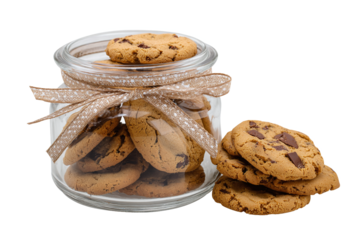 Fresh chocolate chip cookies in jar with ribbon and stack, isolated on white transparent background