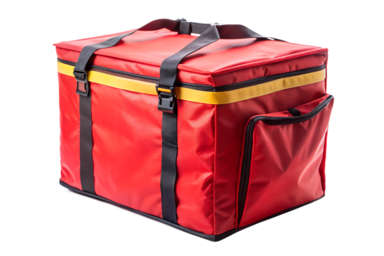 Red insulated delivery bag for food, pizza, and takeaway isolated on transparent background is perfect for restaurants