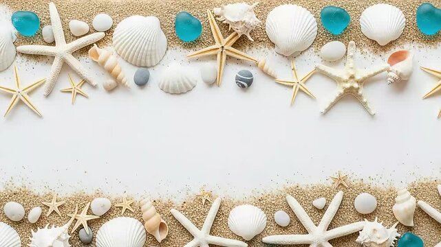 A beautiful beach scene with seashells, starfish, and blue glass pieces arranged on sand, creating a decorative border on a white background