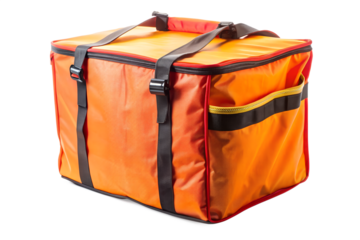Orange insulated delivery bag for food, pizza, and takeaway isolated on transparent background is perfect for restaurants