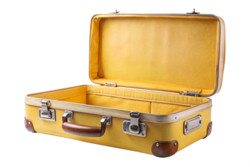 Open yellow vintage suitcase isolated on transparent background, perfect for travel and storage, with retro style and classic design