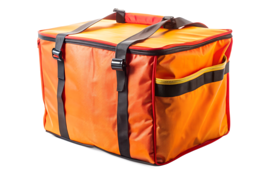 Orange insulated delivery bag for food, pizza, and takeaway isolated on transparent background is perfect for restaurants