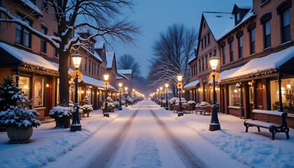 Obraz premium Cozy winter street adorned with holiday lights and snowfall, seasonal charm