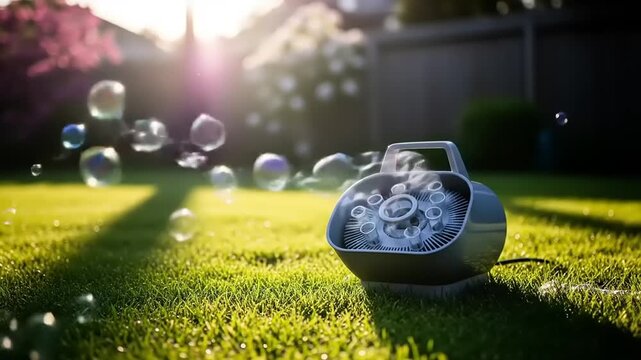Bubble machine with garden, sunset, and fun.