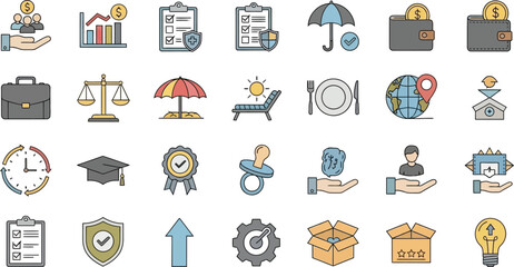Collection of icons representing diverse services and concepts for business and life planning