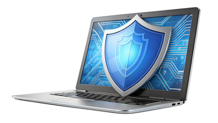 Laptop with a shield on the screen isolated on transparent background, representing computer security and data protection