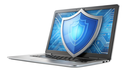 Laptop with a shield on the screen isolated on transparent background, representing computer security and data protection