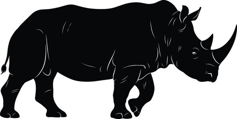 Rhinoceros silhouette, rhino vector illustration, black silhouette of rhino, African wildlife icon, nature animal graphic, white background, bold contrast © Nahl