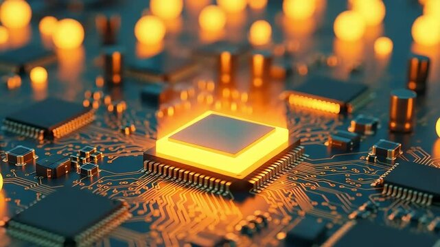 Closeup view of a glowing central processor on a complex electronic circuit board, symbolizing advanced technology and digital innovation