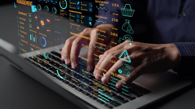 Inventory management dashboard showing supply chain performance, stock levels, order cycle times, cost reduction, and procurement ROI. Inventory tracking, and streamline warehouse efficiency. Thunk