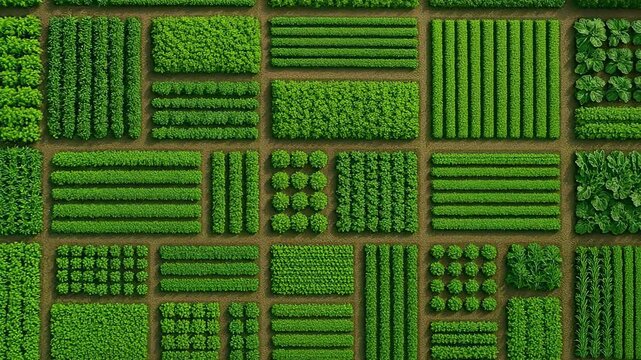 Geometric Green Fields: Aerial View of Diverse Agricultural Patterns and Lush Crop Plantations