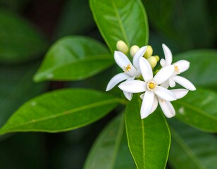 Obraz premium Close-up of small white flowers on green leaves