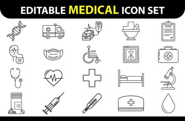 Comprehensive editable medical icon set for healthcare and science - professional line art collection vector