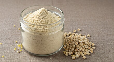Millet flour in a glass jar with raw millet beside