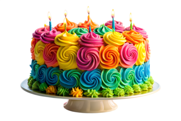 Colorful birthday cake with candles isolated on transparent background, a sweet and festive dessert for a happy celebration
