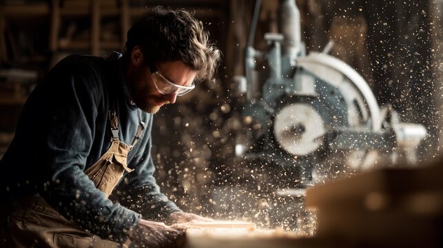 Woodworker Crafting in Workshop with Flying Sawdust