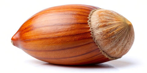 A smooth, glossy chestnut sits prominently on a white background. Its rich reddish-brown hue and fine texture highlight the natural allure of this nut