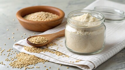 Millet flour in a glass jar with raw millet beside