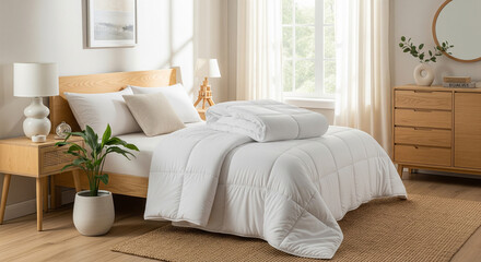 Modern, calm bedroom interior with a wooden bed and a clean, white duvet. The room is decorated with natural materials and soft light, creating a serene and inviting space.
