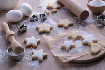 Star-shaped cookies dusted with powdered sugar on a wooden table, surrounded by baking tools and ingredients.