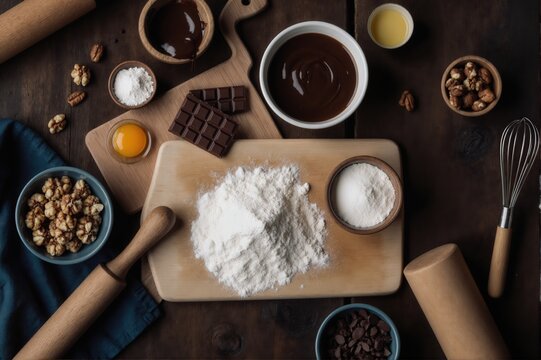 Baking Ingredients Arranged on a Wooden Surface