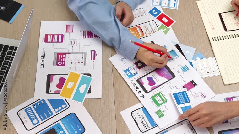 Wall mural top view panorama video of startup company employee planning on user interface prototype for mobile 