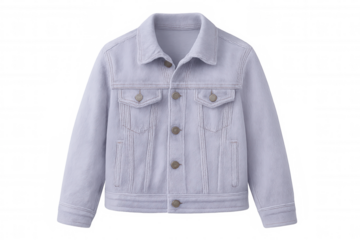 Light purple denim jacket hanging against transparent background, studio lighting highlighting clean silhouette and fabric texture
