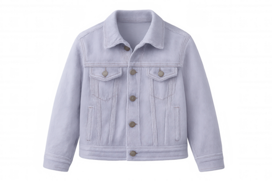 Light purple denim jacket hanging against transparent background, studio lighting highlighting clean silhouette and fabric texture