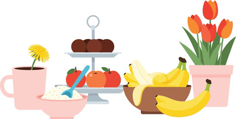 A delightful assortment of fresh fruit, sweet treats, and vibrant flowers, perfect for a healthy lifestyle.