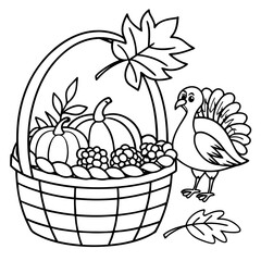 Thanksgiving Basket with Turkey 
Self illustrated Thanksgiving Basket with Turkey. coloring page black and white