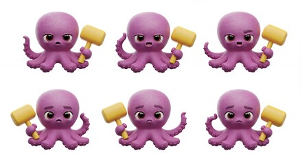 Fototapeta premium Cartoon octopus characters holding hammers