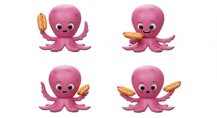 Obraz premium Cartoon octopus eating hot dogs illustration set