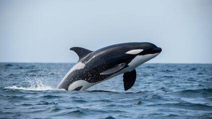 Fototapeta premium High-resolution 8K image of a killer whale (orca) jumping out of the ocean. Realistic details, dynamic pose, and vivid water textures capture the majesty and power of this marine predator.