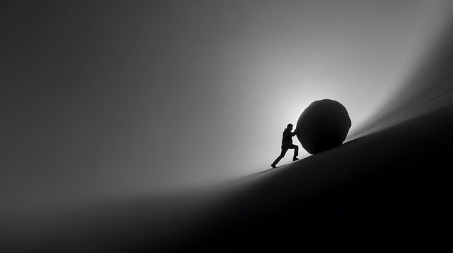 Man pushing boulder uphill black and white perseverance determination challenge strength effort hard work