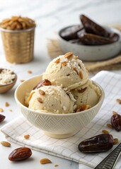 Elegant food composition of creamy date ice cream with coconut garnish, emphasizing texture, freshness and natural sweetness