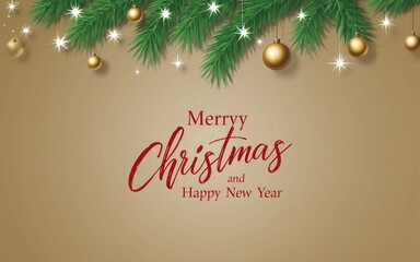 Merry Christmas and Happy New Year greeting with pine branches and golden ornaments