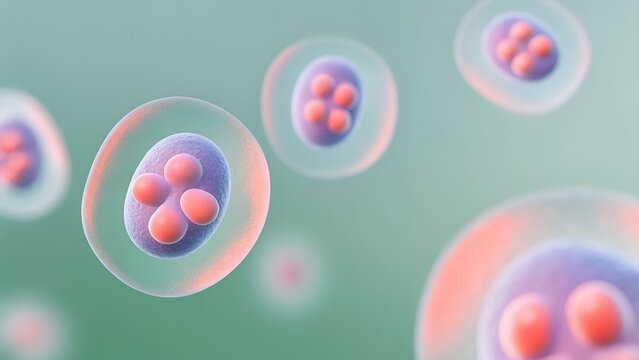 vibrant pink and purple cell structures floating in green microscopic background highlighting biological study